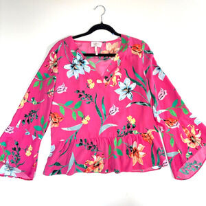 Laundry by Shelli Segal Pink Floral Peplum Tropical Blouse Peplum Bell Sleeve L